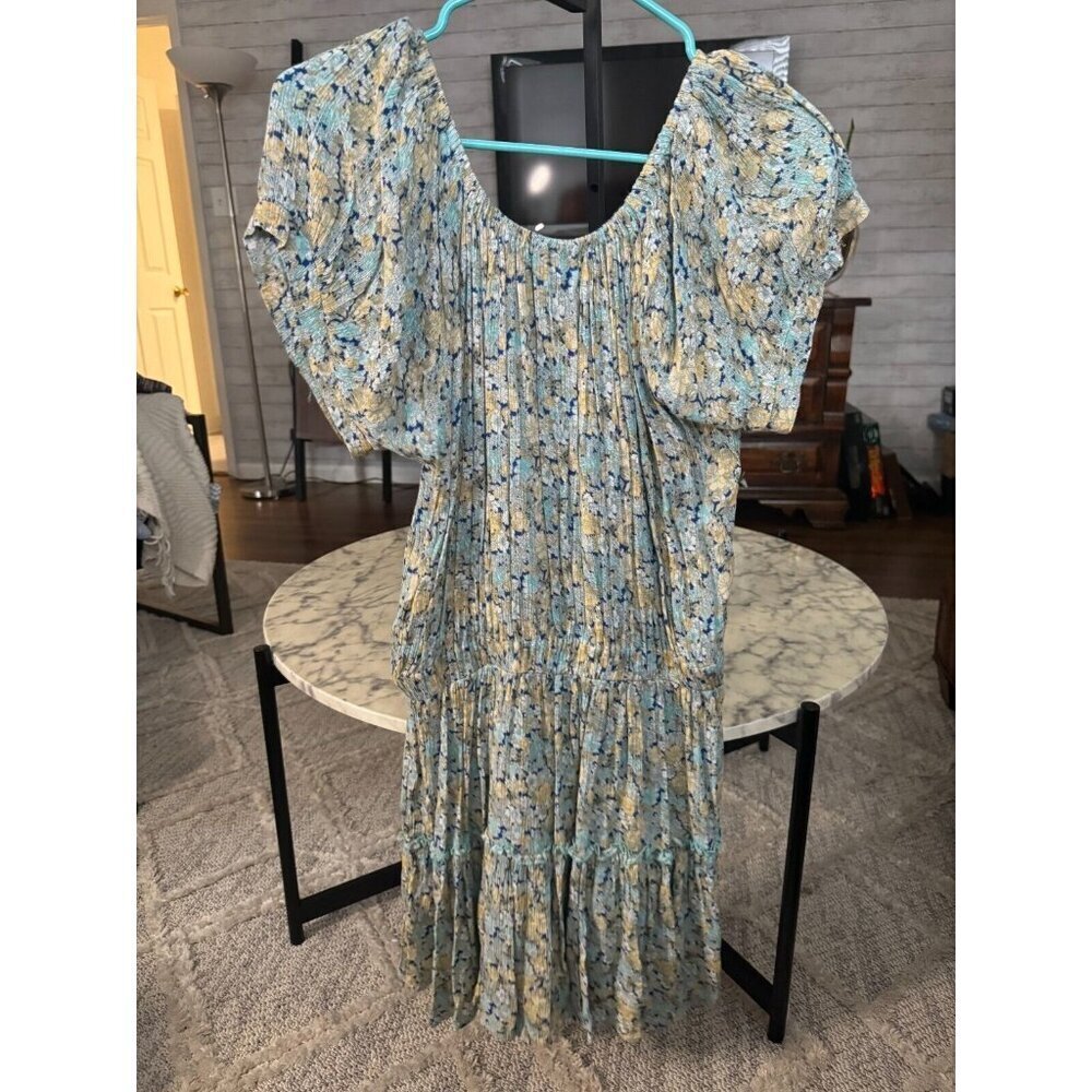 Juniper Blue Elastic Neck Waist Button Up Gathered Floral Boho Dress Womens Sz M